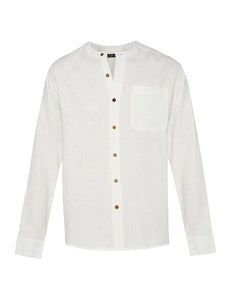 White Linen Grandfather Collar Linen Shirt